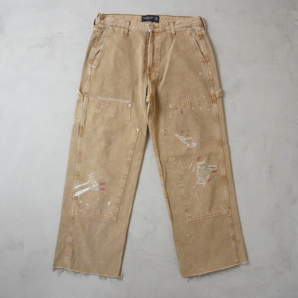 Abercrombie & Fitch Baggy Carpenter Pants 32x34 Mens Tan Rigid Double Knee Work